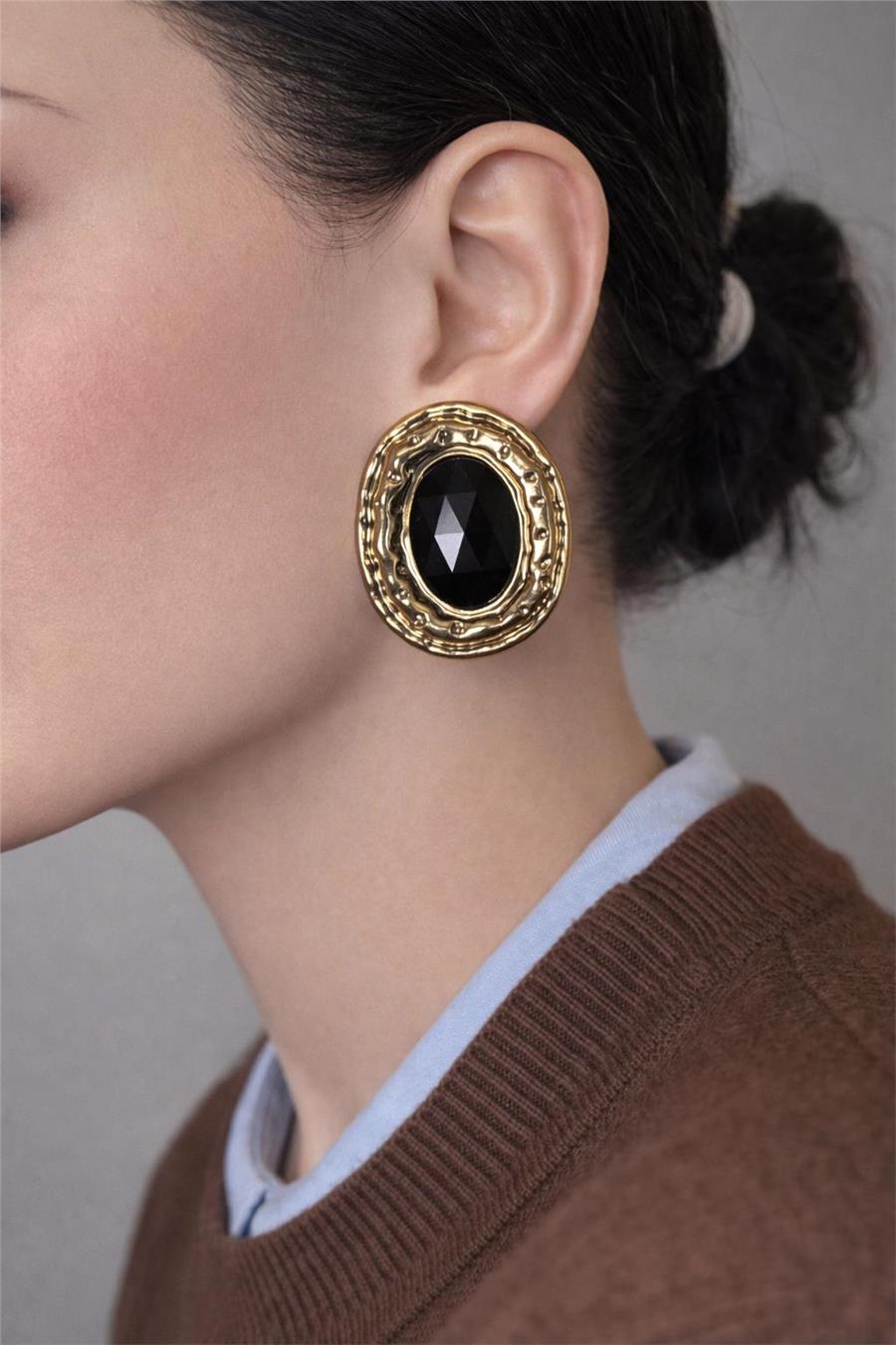 Nova Siyah Taşlı Altın Renk Vintage Stil Büyük Oval Küpe